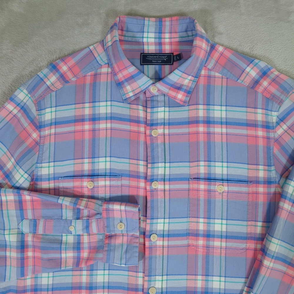 Vineyard Vines Harbor Shirt Mens L Pastel Plaid Linen Blend Twill 1W011306